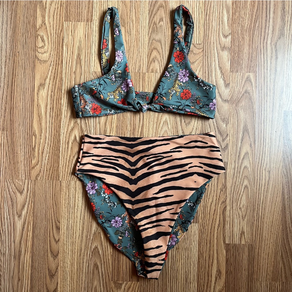 Skatie Olive Floral & Tiger Print High-Waist Bikini Set - Picture 2 of 6